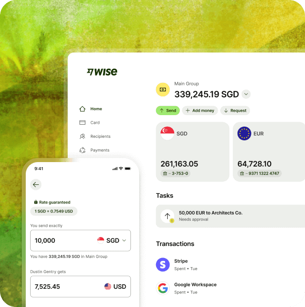 A phone and desktop show a Wise Business account with 339,245.19 SGD total value. The money is held in SGD and EUR. A transfer of 50,000 EUR needs approval. Recent transactions listed are for Stripe and Google Workspace.