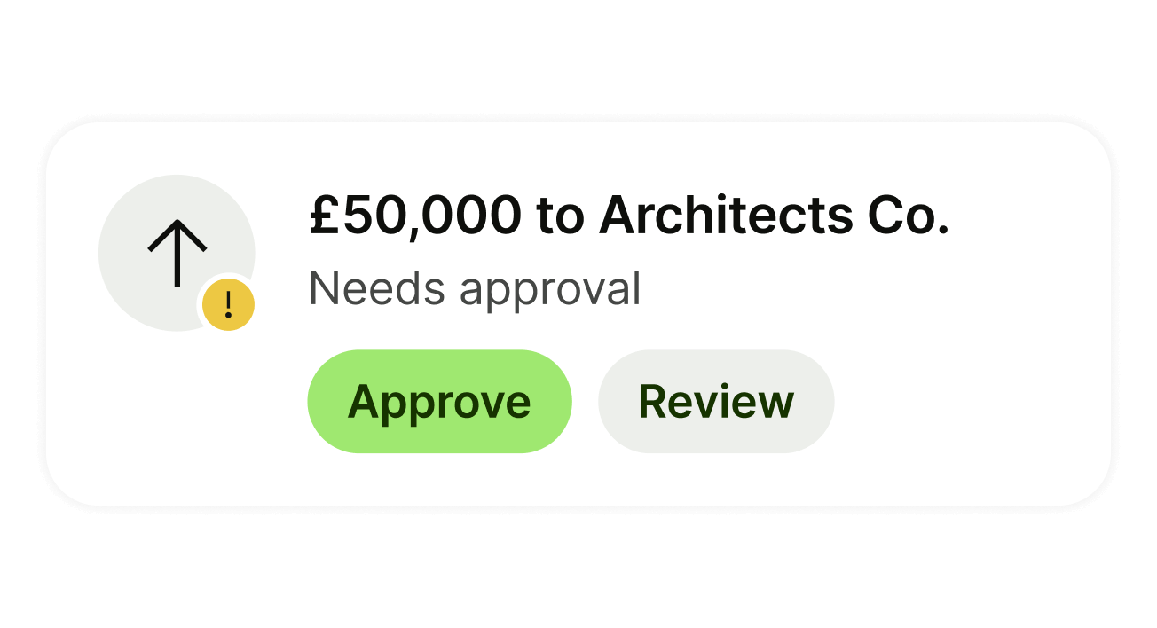 Notifica dell'approvazione dei pagamenti per 50.000 GBP verso Arcitects Co.